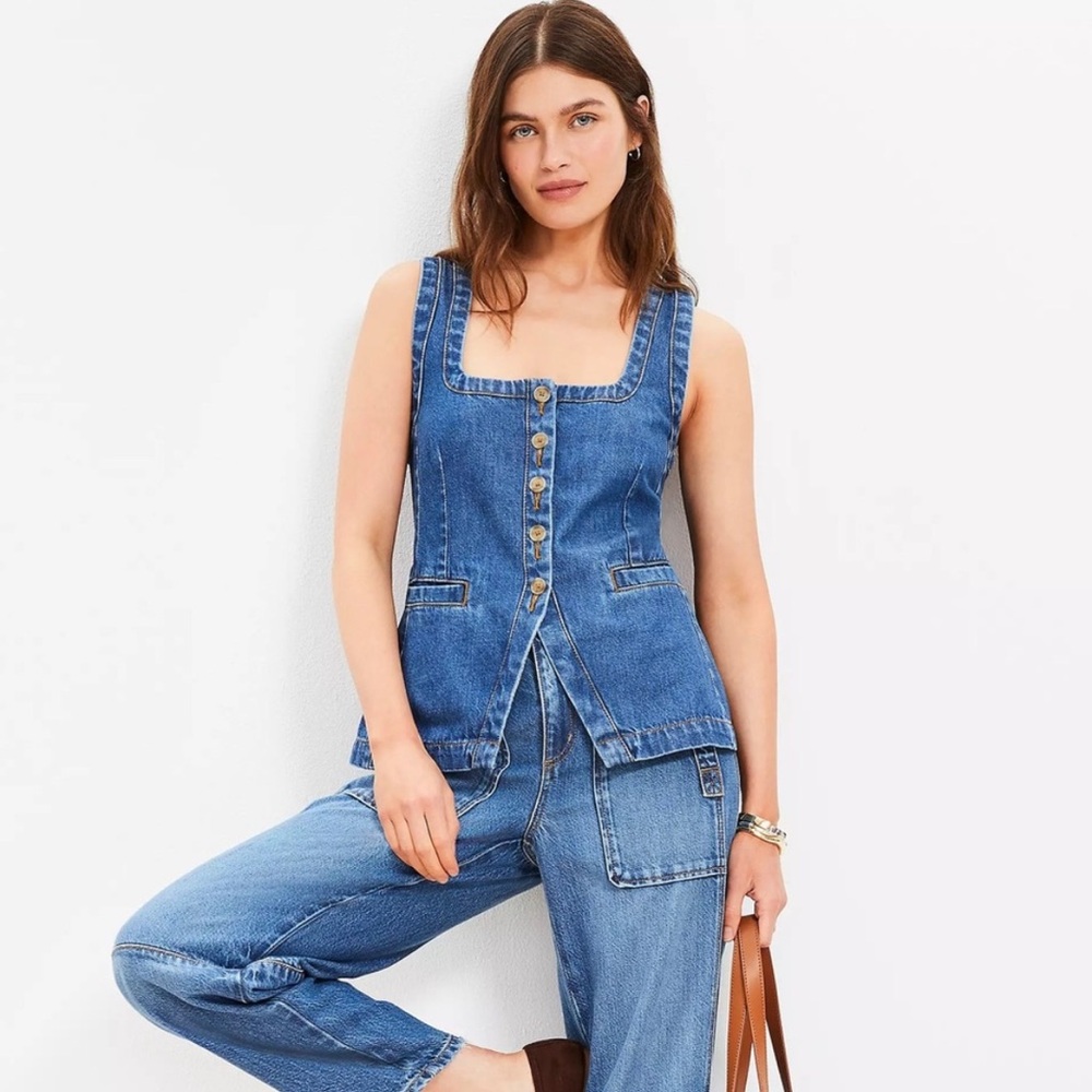 LOFT Petite Denim Square Neck Pocket Vest Top in Classic Mid Wash